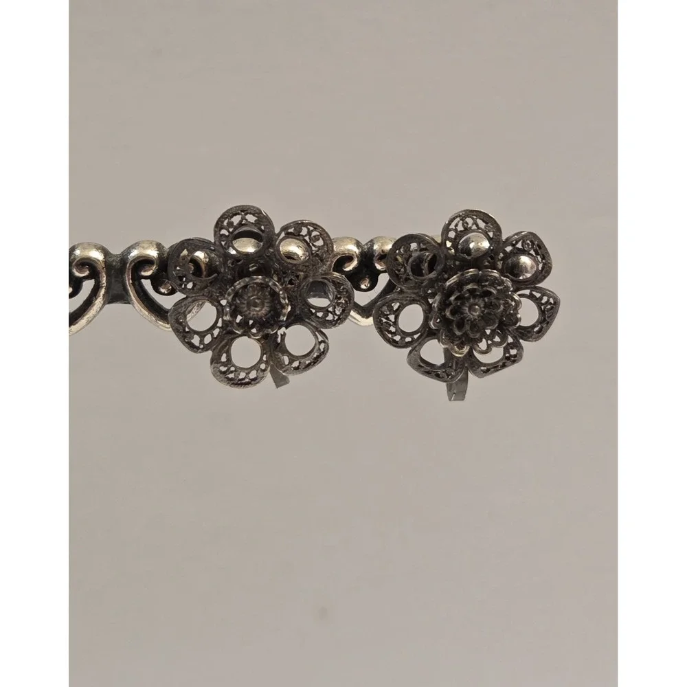 1950s 3D Sterling Silver Filigree Flower Screw Back Earrings